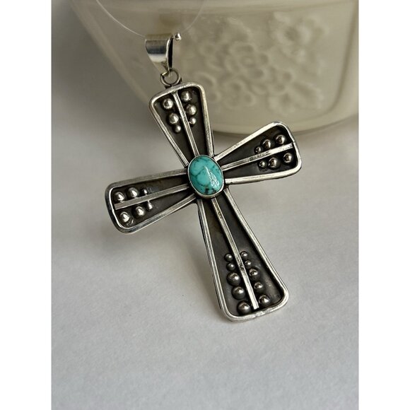 925 Sterling Silver Oxidized & Turquoise Cross Pendant - Picture 13 of 16